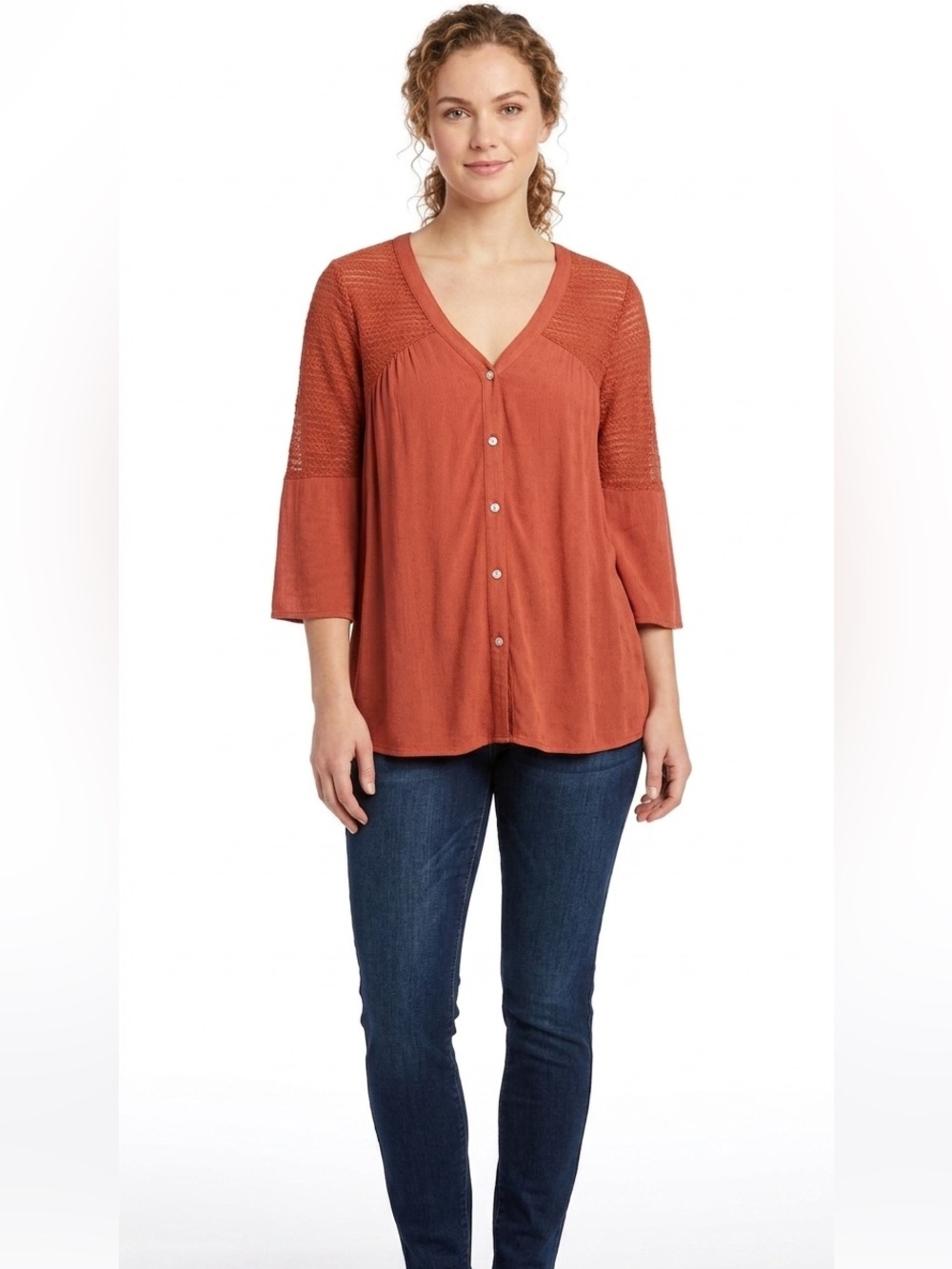 Farmers Market Rust Button-Front V-Neck Women's Top Size XL